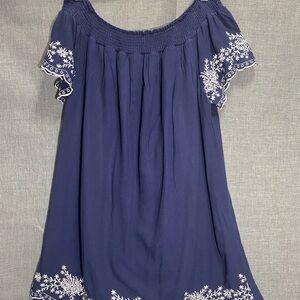 She + Sky Navy Blouse with White Embroidery